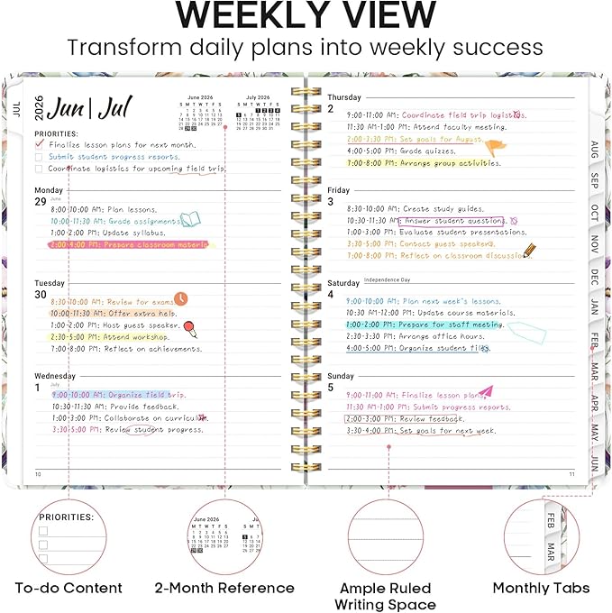 Academic Planner 2026-2027, Weekly and Monthly Calendar Book, July 2026 – June 2027, Hardcover Planner with Tabs, Perfect for Teachers, Students, Women & Men, A4 (8.5" x 11") - Songbird Bloom