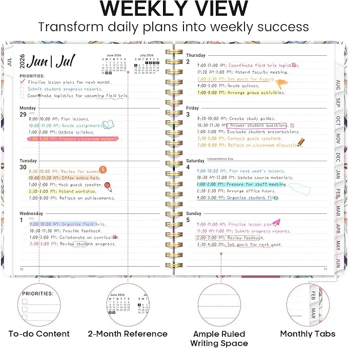 Academic Planner 2026-2027, Weekly and Monthly Calendar Book, July 2026 – June 2027, Hardcover Planner with Tabs, Perfect for Teachers, Students, Women & Men, A4 (8.5" x 11") - Songbird Bloom