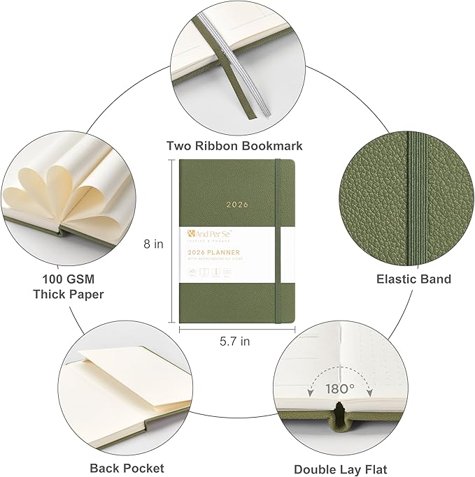 And Per Se 2026 Planner-Daily, Weekly & Monthly Leather Hardcover Planner, 5.7" x 8", Daily Schedule, 100 GSM Thick Paper, Back Pocket(Olive Green)