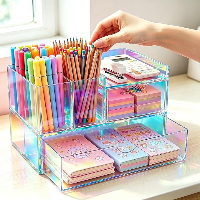 Desk Organizer with Drawers Acrylic Desktop Organizer Pen Holder Caddy for Office Supplies Makeup Organizer for Vanity, Iridescent