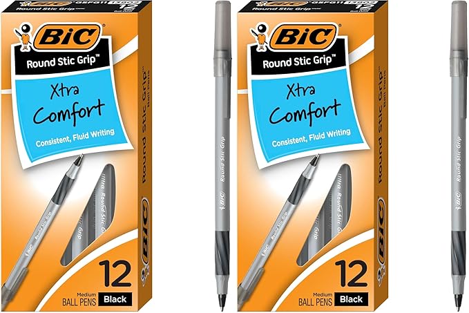 BIC Round Stic Grip Xtra Comfort Black Ballpoint Pens, Medium Point (1.2mm), Perfect Writing Pens With Soft Grip for Superb Comfort and Control, 12 Count (Pack of 2)