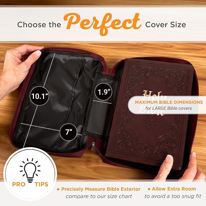 Christian Art Gifts Polyester Bible Cover for Men & Women w/Jesus Fish Patch, Secure Zipper Pocket, Pen Loops, Easy Carry Stationery Book Case, Accessories, Burgundy, Large