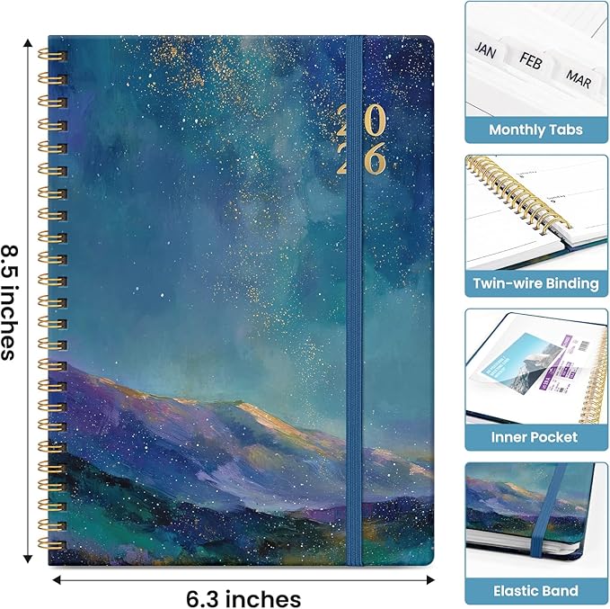 2026 Planner, Monthly and Weekly Calendar Planner for Women, Jan 2026 - Dec 2026, Hardcover Pretty 2026 Agenda Planner Book with Tabs, Spiral Bound, Perfect for School Office Home Supplies, 6.3" x 8.5" - Starlit Peaks