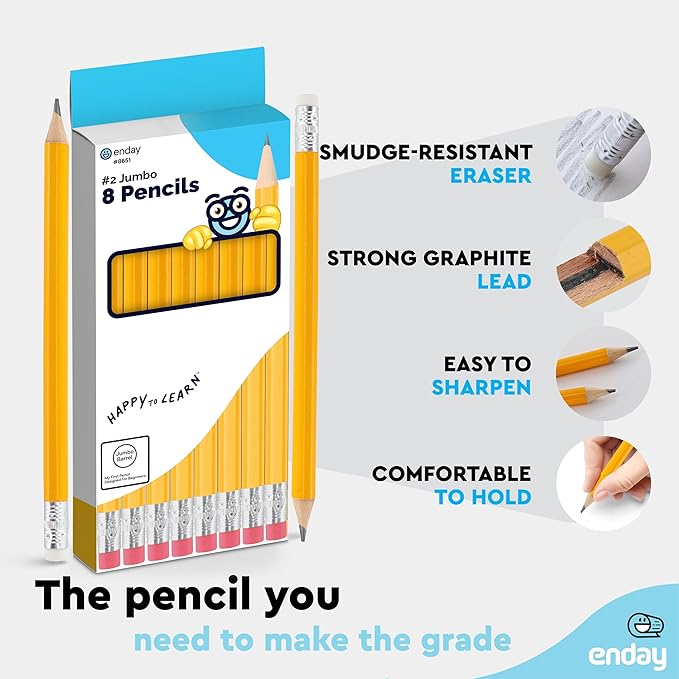 Emraw Enday Jumbo Pencils For Preschoolers (8 Pack) No 2 for Kids, Kindergarten School Supplies, Fat Pre-Sharpened Round Pencil with Eraser Top, Thick Pencils for kids ages 4-8