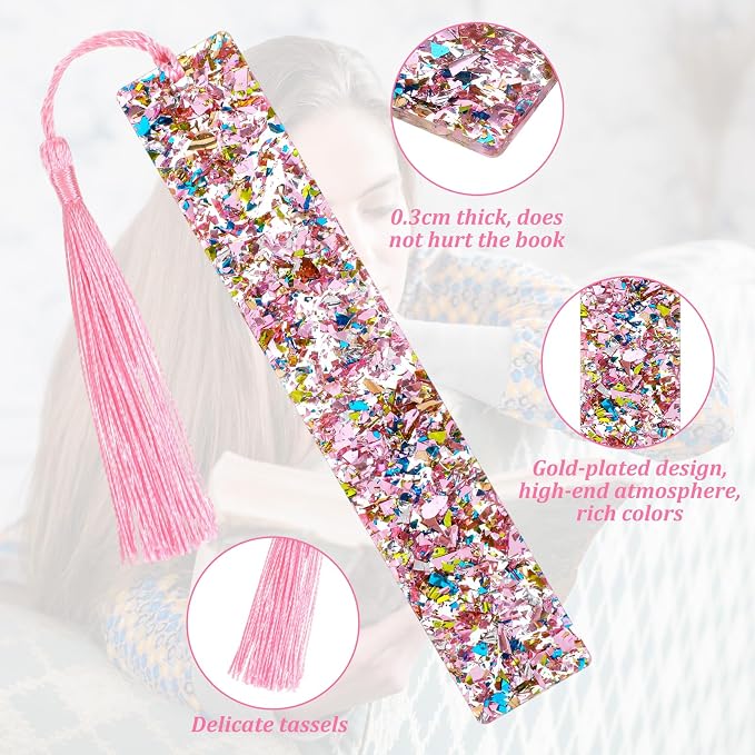 2 Pcs Glitter Bookmarks with Tassels Resin Bookmarks for Girls Kids Book Marks for Reading Purple Pink Tassel Bookmark for Girls Women Book Lover Reading Presents
