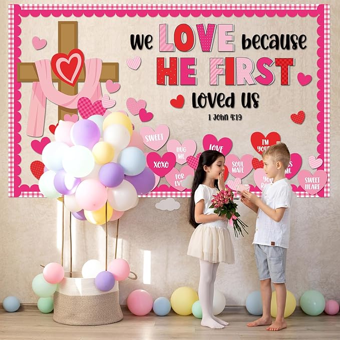 Valentine's Day Christian Jesus Bulletin Board Set Valentines Religious Bible Verse Bulletin Board Heart Cross Patterned Paper Cutouts for Church Sunday School Classroom Home Chalkboard Wall Decor
