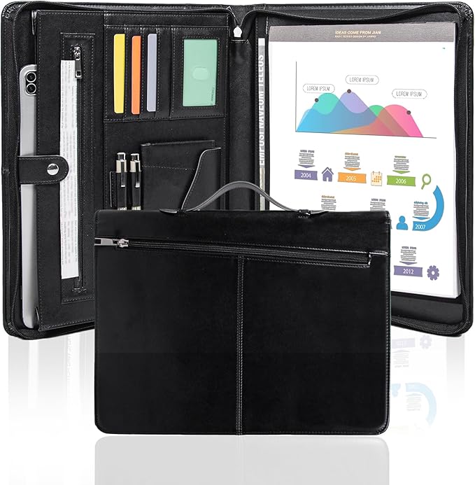 Calfinder Vegan Leather Padfolio with Zipper&Handle,Padfolios for Women&Men,Business Portfolio Organizer for Ipad,Notepad Folder with Phone Pocket and Card Holder,Portfolio Binder