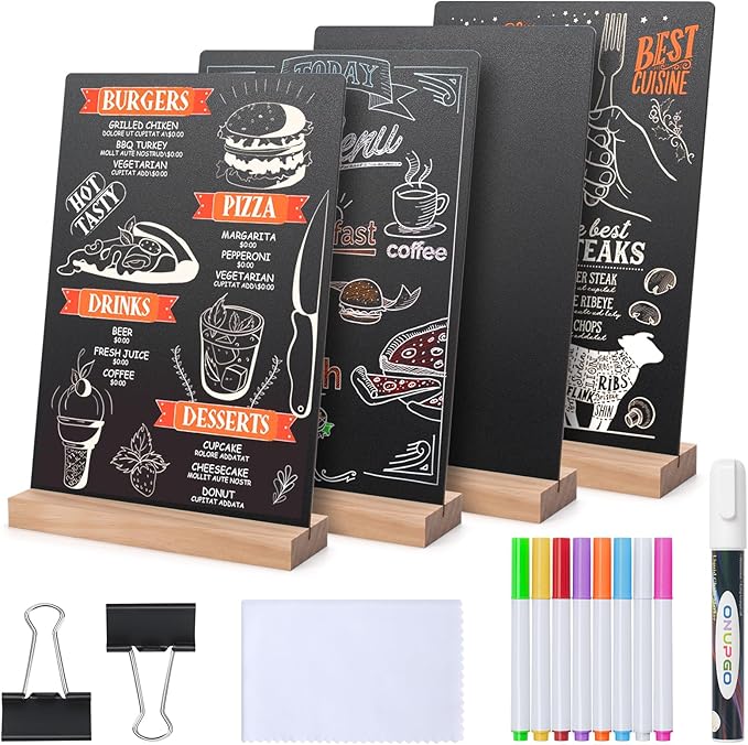 ONUPGO Set of 4 Tabletop Chalkboard Sign with Base Stand, 8 x12 Inch Menu Chalk Board Sign Store Food Signs, Message Boards for Party, Wedding, Tables Decoration, Bar and Restaurant