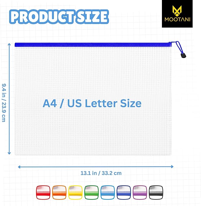 24 Pcs Mesh Zipper Pouch Bags A4 (13.1x9.4) inches Letter Size Waterproof, Reusable Zipper Bags for Board Game & Puzzle Storage, 8 Colors