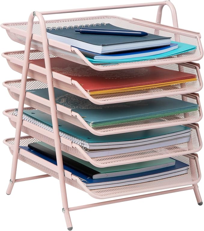 Mind Reader 5-Tier Paper Tray Organizer, Vertical Desktop File Storage Rack, Office, Metal Mesh, Pink (Pack of 6)