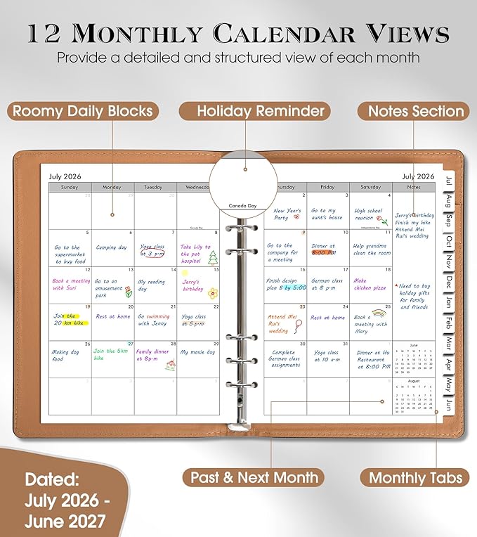 Planner 2026-2027, Academic Weekly and Monthly Calendar Planner from July 2026 - June 2027, Hardcover Leather Daily Agenda Book with Tabs, A5 College School Organizer for Student Teacher, Black