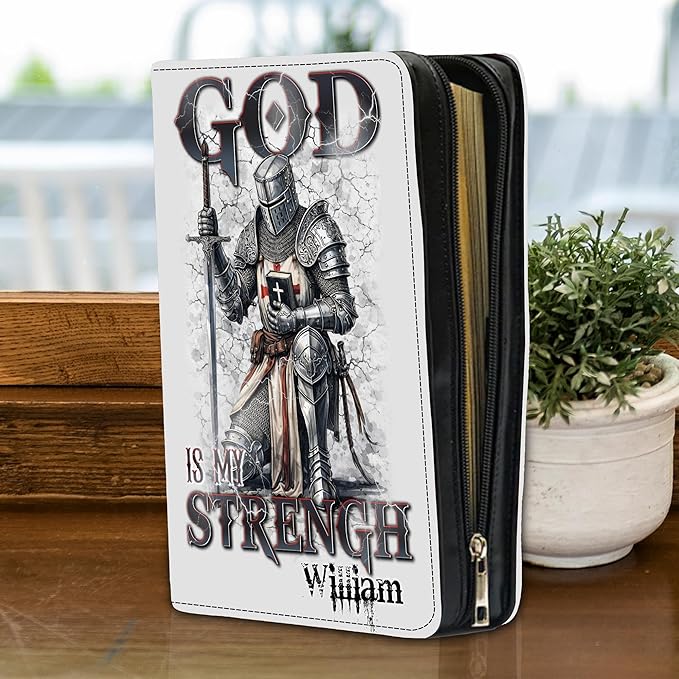 Custom Leather Bible Cover with Name – Personalized Bible Case for Women Zippered with Handle, Bookmark & Storage Pockets, Christian Gift for Mom, Daughter, Grandma (Man - God is My Strength, M-2XL)