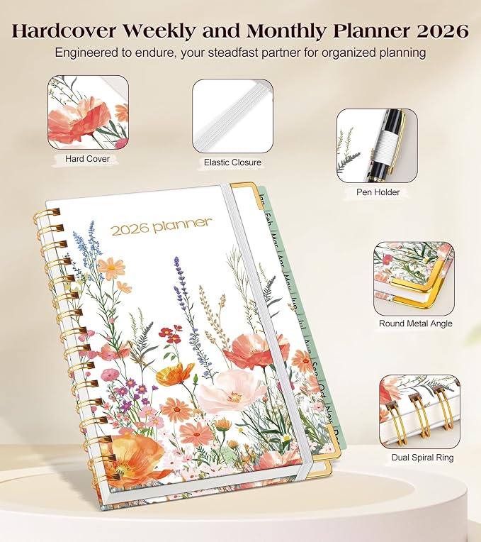2026 Planner, Hardcover Weekly and Monthly Planner for Women, January 2026 - December 2026, Spiral Yearly Agenda Organizer Book 2026 with Tabs, Daily Calendar Planners for School Work Home, A5 (5.75" x 8.38"), Petite Blooms