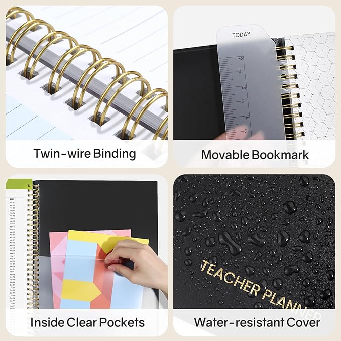SUNEE Teacher Planner 2026-2027 Academic Year, 7 Periods Lesson Plan Book Jul 2026 - Jun 2027, 8.5"x11" Daily Weekly Monthly Organizers Vertical Layout with Calendars, Bookmark, Waterproof Cover, Black