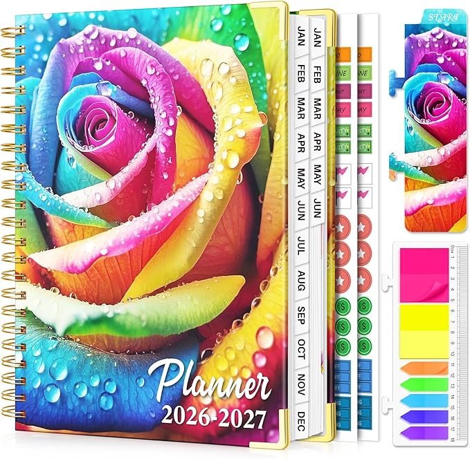 Planner 2026-2027, 18 Month Weekly and Monthly Planner, Jan. 2026 - Jun. 2027, 9" x 11.6" A4 Large Hardcover Calendar Planner with Page Tabs, Separator Page, Inner Pocket, Bookmark, Stickers, Sticky Note Set