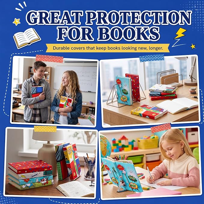 Gilprop 6 Pack Jumbo Stretchable Book Covers, Colorful Covers for Textbook Protection and Care, Washable Reusable Protective for Paperbacks Hardcover Books (City,Red,9-11inch)