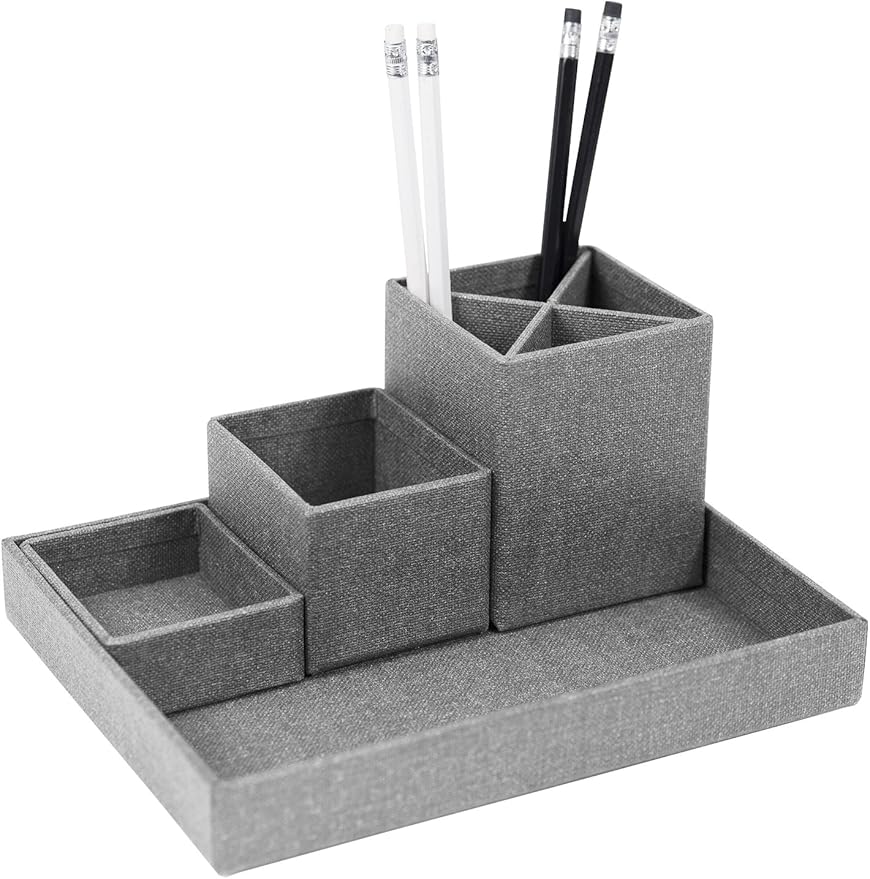 Bigso Box of Sweden Desk Storage Organiser for Stationery - Pen Holder with 4 Compartments for Various Office Items - Fibreboard and Paper Stationery Storage - Grey
