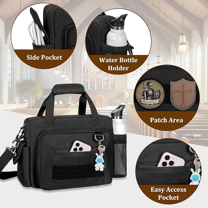 Damero Large Bible Bag for Men, Bible Tote Bag Church Bag with Cup Holder, Bible Cover Bag for Bible Study Supplies, Black (Bag Only)