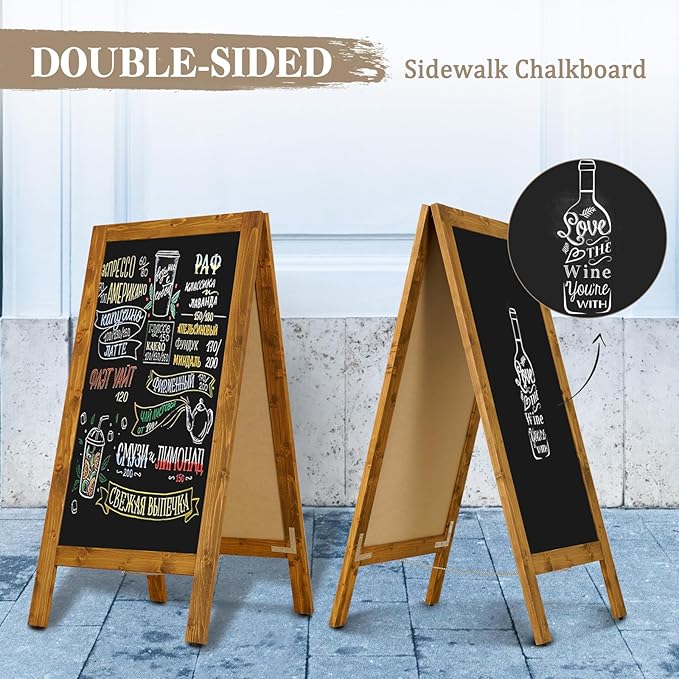 Wooden A-Frame Sign, Magnetic 40" x 20" Yellowish-Brown Chalk Board Sign Board, Double-Sided Sandwich Board Signs Outdoor, Chalkboard Easel, Menu Board for Restaurant, Business or Wedding