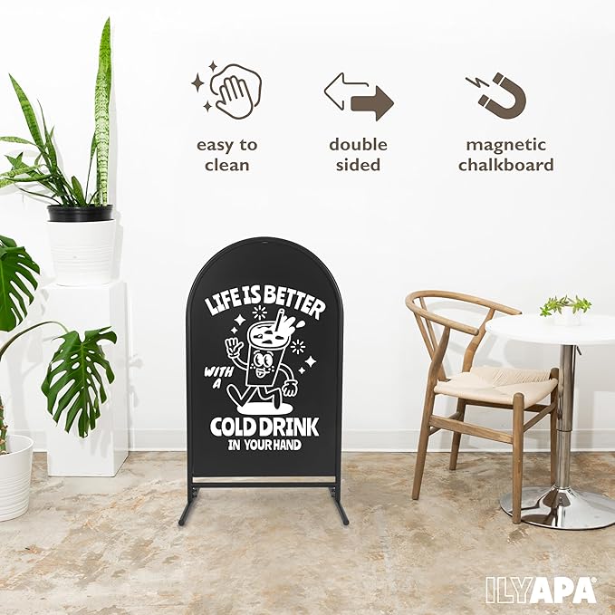 Ilyapa Metal Double Sided Swinging Chalkboard Sign - 21x35 inch Magnetic Sidewalk Sign - A Frame Chalkboard Alternative Menu Board for Restaurant