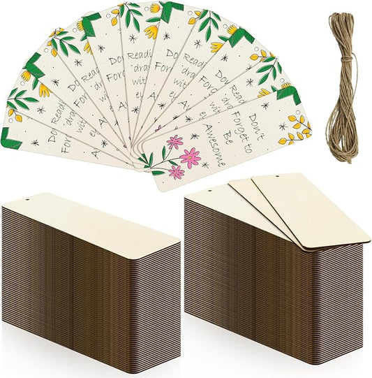 50 Sets 6 x 2 Inch Large Size Wooden Bookmarks with Hole and Ropes, Unfinished Wood Bookmark Blanks Rectangle Blank Bookmark for DIY Crafts, Painting, Wedding, Birthday Party Decors