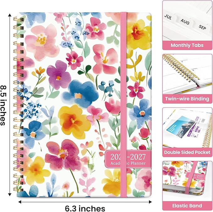 Planner 2026-2027, Academic Year Monthly and Weekly Calendar Planner, Jul 2026 - Jun 2027, Hardcover Teacher Student Planning Agenda book with Tabs, Perfect for School Office Supplies, 6.3" x 8.5" - Bloom Floral