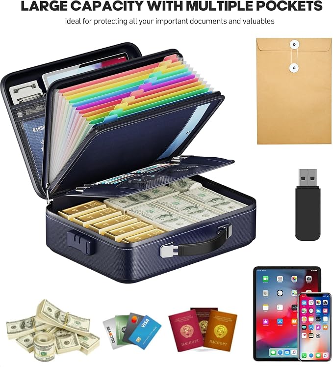 Fireproof Document Box, Hard Case Highly Flame-Resistant Fire Proof Waterproof File Organizer with Lock, Portable Fire Safe for Important Documents & Valuables Storage (Blue, ‎14"*11"*5")