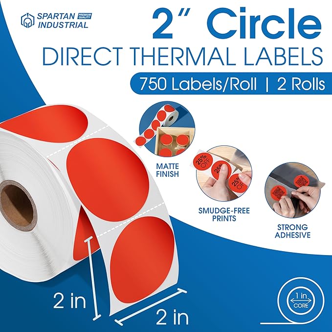 Spartan Industrial - 2" Circle Fluorescent Red Direct Thermal Labels (1500 Count, 2 Rolls) - 2 Inch Color Thermal Labels for Logos, Packaging, Branding - Compatible with Zebra and Rollo Printers