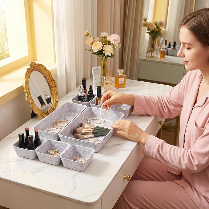 Desk Drawer Organizer Bins, 8pcs Felt Shallow Bathroom Storage Trays, Office Accessories & Workspace Organizers Jewelry & Makeup Boxes Containers(Grey)