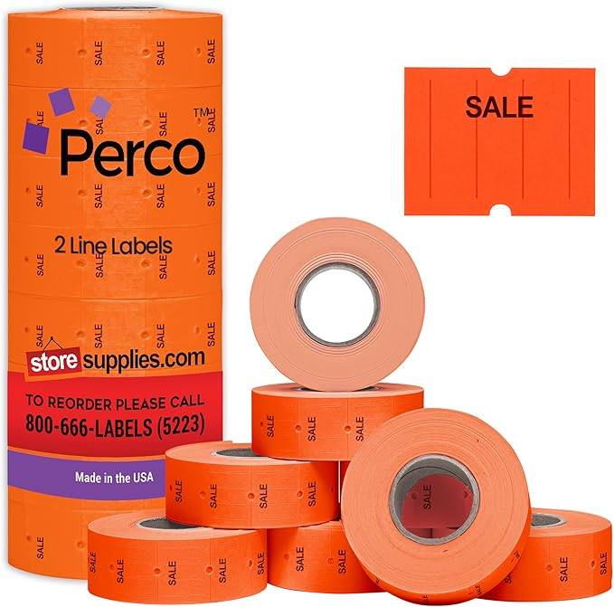 Perco 2 Line Fluorescent Red "SALE" Labels - 8 Rolls, 1 Sleeve, 6,000 Blank Price and Date Gun Labels for Perco 2 Line Price and Date Guns - Made in USA