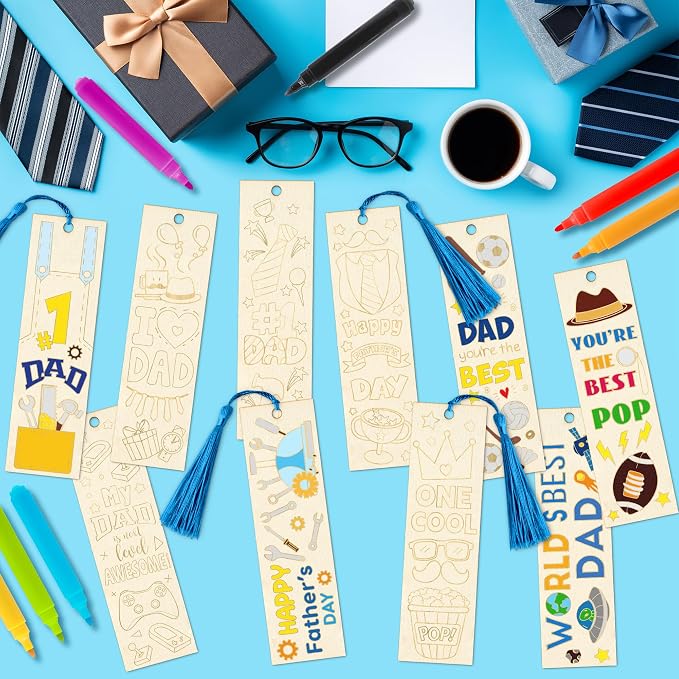 Father’s Day Color Your Own Blank Bookmarks for Kids - 36Pcs Unfinished Wooden Bookmarks with Tassel for Father’s Day Art Craft School Home DIY Activity Supplies Goodie Fillers