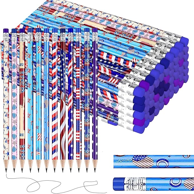 American Flag Themed Wood Pencils with Eraser, 48pcs Patriotic Pencils in 12 Designs, USA Flag Gifts Pencil for 4th of July USA Independence Day Parades Party Favors School Office Supplies