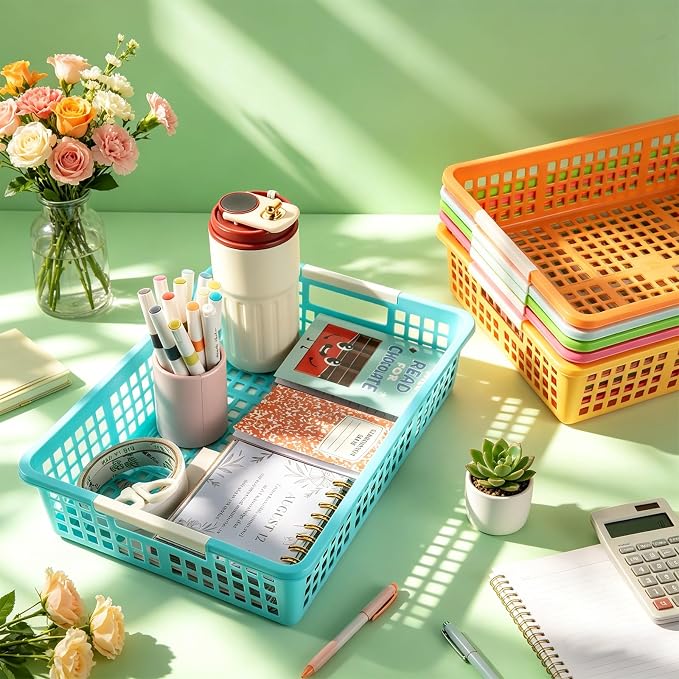 12 PCS Plastic Classroom Turn in Paper Trays Storage Bin Basket Organizers Holds 4A Paper File for School Teacher Supplies Classroom Office Home Organization and Storage Tray (Bright)