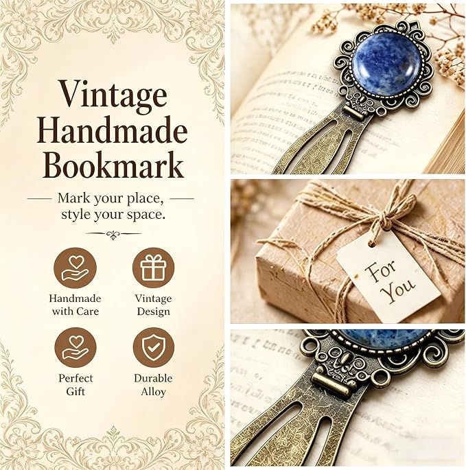 1Pcs Vintage Blue Sodalite Bookmark with Natural Crystal Stone - Fantasy Brass Metal Bookmarks for Reading Women, Men, Book Lovers, Girls and Teachers Book Marks(Sodalite)