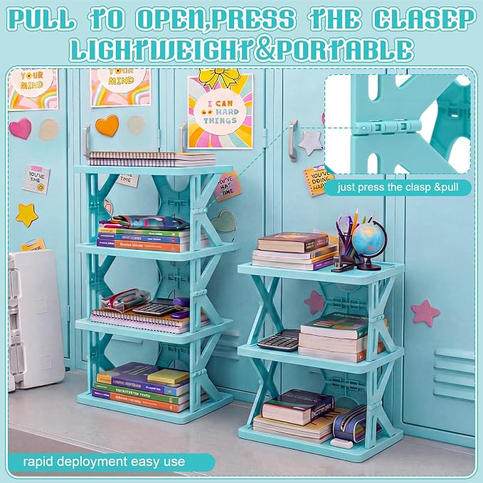 Lineshading 4 Tier Foldable Locker Organizer Shelf Foldable Storage Shelves Locker for School, Office, Gym Lockers, Dorm Room, Multi-Layer Shoe Gear Tower, Heavy-Duty No-Tool Portable Shelf (Blue)