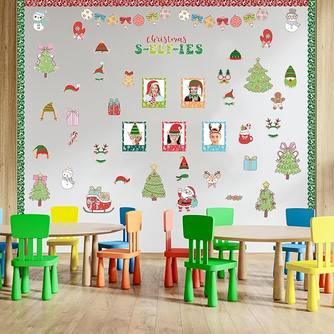 155Pcs Christmas Selfie Bulletin Board Decoration Set, Christmas Headwear Paper Cutouts DIY Photo Craft Cutouts Bulletin Board Border Trim, Classroom Chalkboard Supplies Wall Door Decor