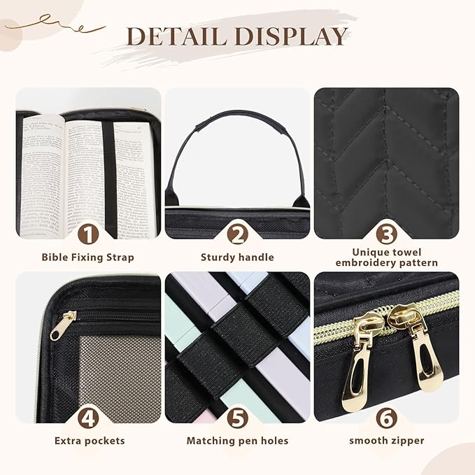 Bible Cover Case for Women, Large Qilted Bible Case with Shoulder Strap,Study Supplies and Highlighters Accessories - Perfect Christian Gift for Church, Travel (Black, one Size)