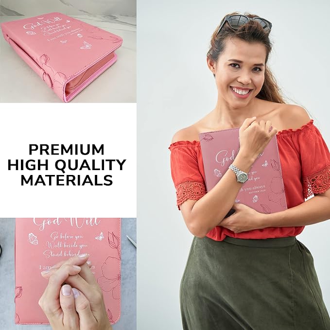 DEHITE Bible Cover Case for Women — Bible Carrying Case for Woman — Pink Large Holder Bag — Fits Book 10.1x7x1.9 in — Pen Slots — Zippered Pocket — Premium Faux Leather — Christian Floral Accessories