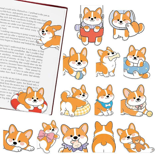 Corgi Magnetic Bookmarks Gifts - 15 Pcs Cute Dog Bookmark for Women Pet Animals Lovers Kids Students Bookworms Birthday Graduation Gift Funny Page Clips School Office Reading Accessories