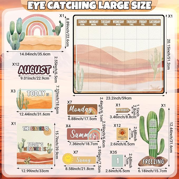 Cholemy 85 Pcs Calendar Bulletin Board Set Classroom Calendar Bulletin Board with Numbers Month Weather Classroom Decoration Wall Decor for Chalkboard Back to School Supplies(Boho Desert)