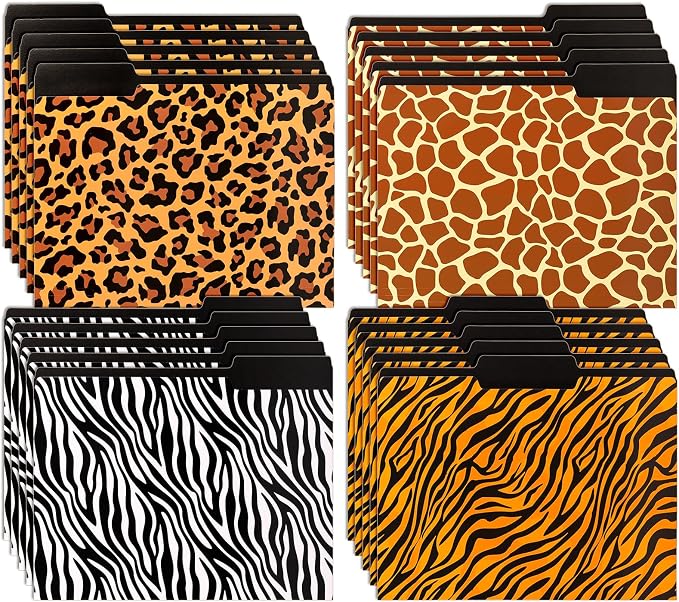 Whaline 24 Pack Animal Prints File Folders Letter Size Safari Leopard Zebra Tiger Giraffe Print File Pockets with 1/3 Cut Tab for Home Office Classroom Supplies, 8.9 x 11.6 Inch