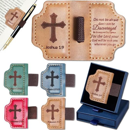 Bygone Mark Personalized Magnetic Leather Bookmark with Pen Holder,Inspirational Bible Verse Religious Bookmarks,Christian Book Lovers Reading Accessory for Men Women (Brown, Joshua 1:9)