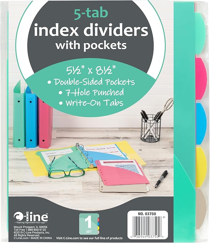 C-Line Mini Size 5-Tab Poly Index Dividers with Pockets, for 5.5 x 8.5, 6 x 9 and 8.5 x 11 Binders, Assorted Colors, One 5-Tab Set (03750)