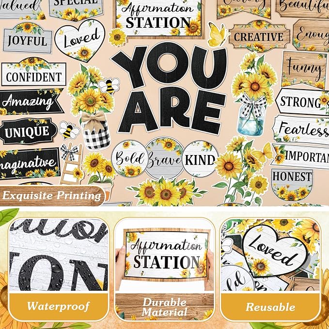 45pcs Sunflower Bulletin Board Set Motivational Posters Classroom Mirror Growth Mindset Decor Positive Affirmations Accents Cutouts for School Office Home Teacher Wall