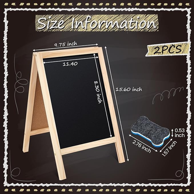 Henoyso 2 Pcs Double-Sided Tabletop Chalkboard Sign, 16"x10" Easel Rustic Wood Frame Small Chalkboard with 2 Erasers for Menu Cafes, Restaurants, Weddings Home Decor(Wooden)