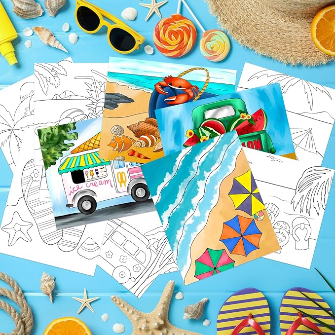 COCHIE 36PCS 8x10 Inches Summer Coloring Pages for Kids, Bulk Color Your Own Semmer Beach Paper Crafts Party Favors, Small Coloring Sheets Holiday Gifts