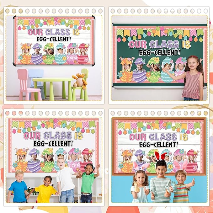 Easter Bulletin Board Decoration Set Easter Egg Paper DIY Photo Craft Cutouts Our Class is Egg-Cellent Spring Classroom Decoration for Holiday Party Teacher School Home Office Chalkboard Wall Decor