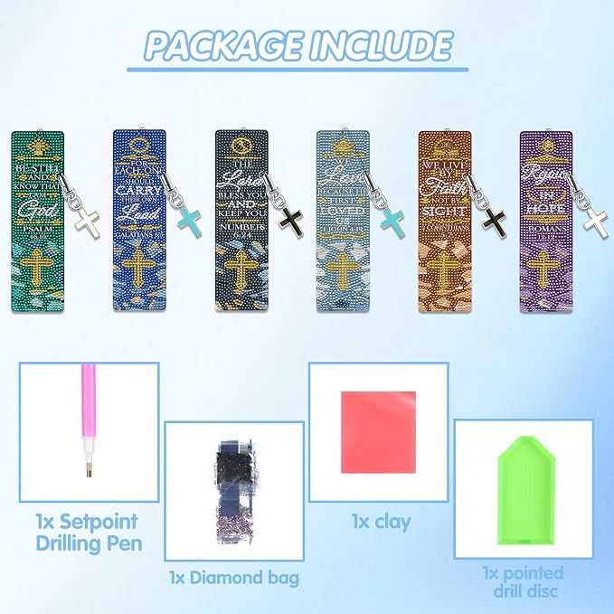 Christian Bible Diamond Art Bookmarks: 6 Pcs Bible Verse Diamond Painting Book Marks with Cross Pendant, Inspirational Religious Bookmark for Reading, DIY Crafts with Accessaries