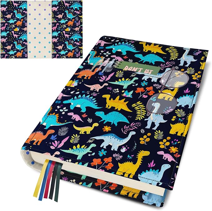 Cartoon Dinosaur Book Cover Protector for Paperbacks Hardcover,Adjustable Waterproof Soft Canvas Fabric Book Cover with Bookmark,Cute T-Rex Dino Animal Print Book Covers for Kids Boys Gifts