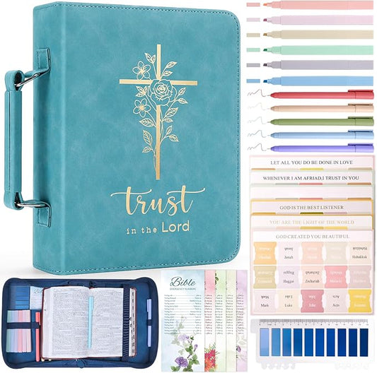 XKDOUS Bible Cover Case for Women, Leather Bible Bags with Handle, Study Supplies Journaling Kit, Gold Foiled Cross Carrying Case Large Church Book Holder Christian Gifts for Lady